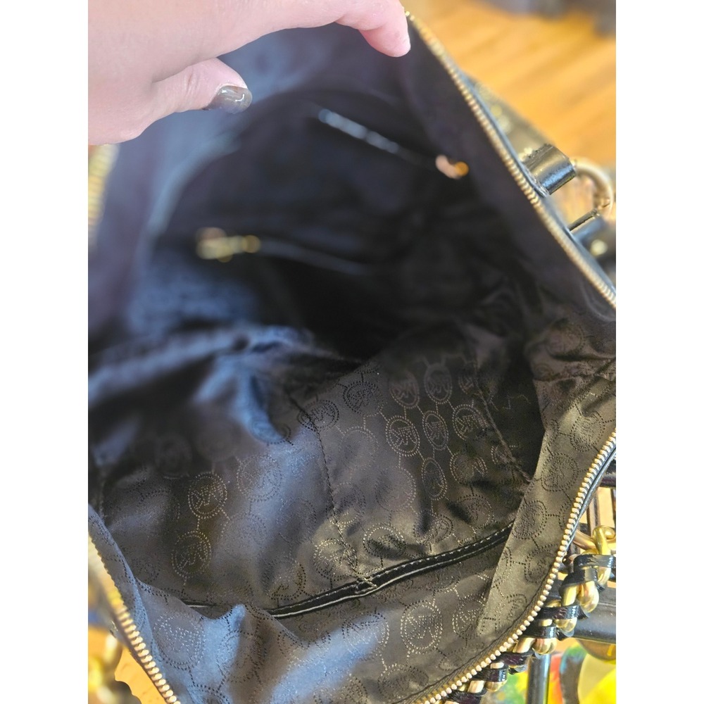 Michael Kors Fulton Black Crinkled Patent Leather Hobo Bag Gold Chain Strap - Picture 7 of 11